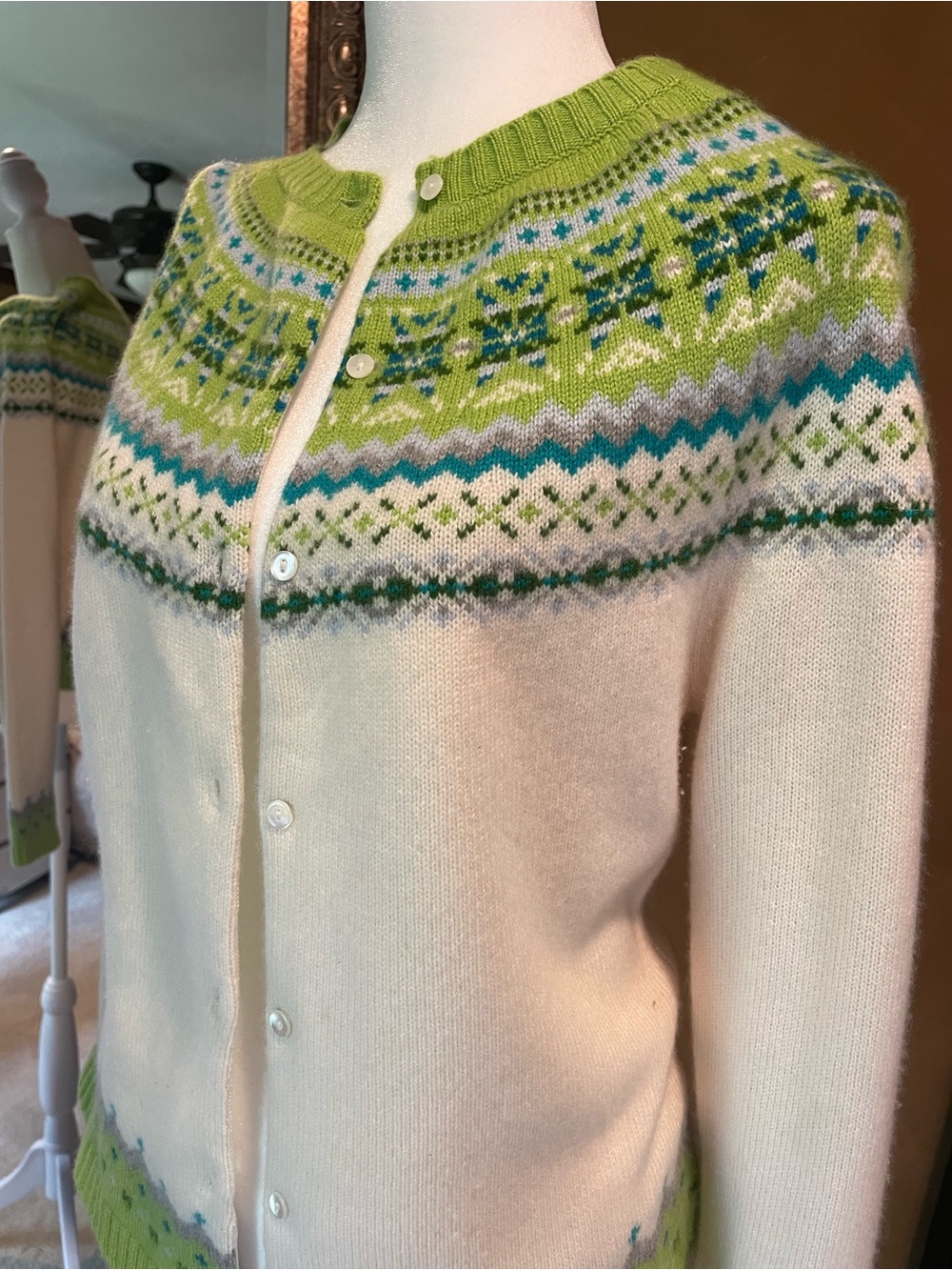 Lord & Taylor Cream Cardigan with Lime, Teal & Gray Fair Isle Yoke